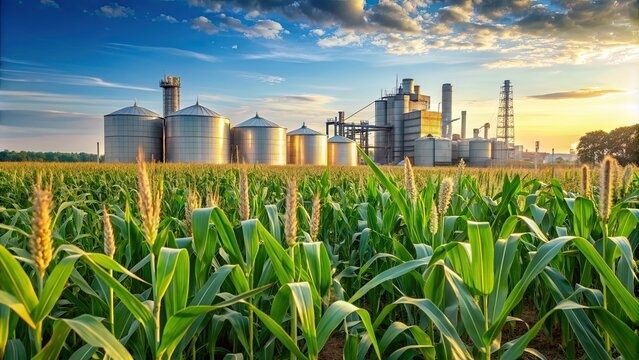 Cornfield in front of grain silos and an industrial processing plant